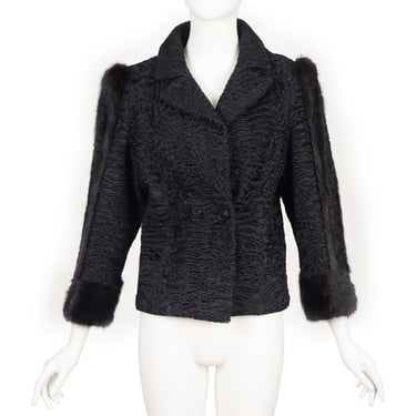 Nina Ricci Haute Couture 1970s Vintage Black Persian Lamb Mink Fur Trim Collared Jacket Sz S M 