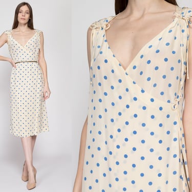 Medium 80s Silk Polka Dot Midi Wrap Dress | Vintage Marion Maged Boho Sleeveless V Neck Dress 