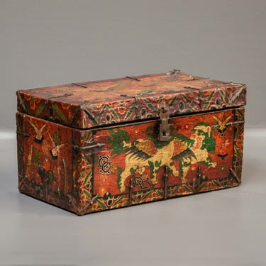 Vintage Small Painted Leather & Wood Tibetan Trunk