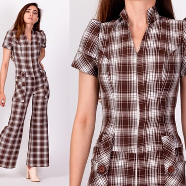 70s Plaid Flared Leg Jumpsuit - Petite XS | Retro Vintage Collared Bell Bottom Zip Up Outfit 