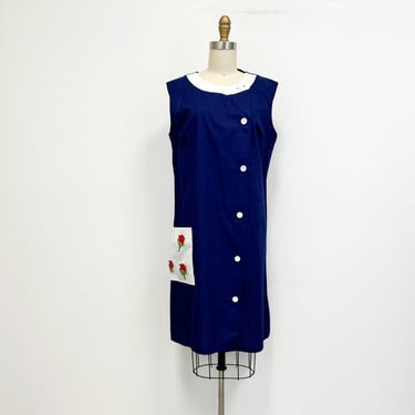 Vintage House Dress | 60s Sleeveless Navy Blue with White | Pocket with Flower Applique | size 18 