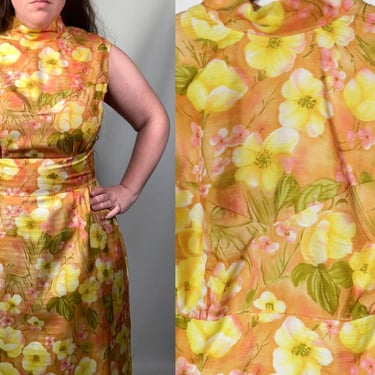Vintage 70s Hawaiian Print Formal Maxi Dress With Pockets Size L/XL 