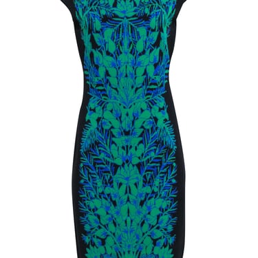 Tadashi Shoji - Black w/ Green &amp; Blue Print Knit Dress Sz L