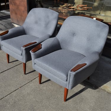 Pair of Restored Scandinavian Compact Lounge Chairs in Gray Wool
