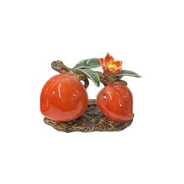 Ceramic Orange Red Double Peach w Leaf Flower Display Art Figure ws3579E 