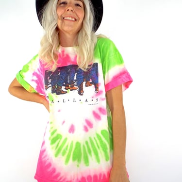 Vintage 80s Neon Pink and Green Tie Dye Dallas, Texas Tee 