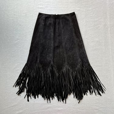 Vintage HB Native American Western Black Suede Fringe Skirt 