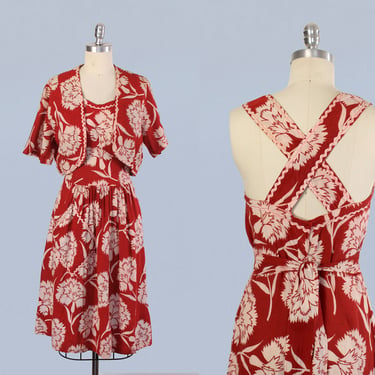 1930s Dress / 30s Red Floral Cotton Sportswear Dress and Bolero Set / Cross Back 