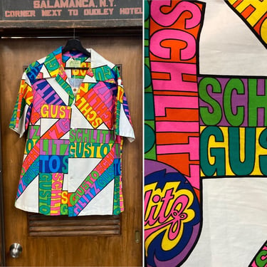 Vintage 1960’s Size XL Schlitz Gusto Pop Art Mod Tiki Cotton Hawaiian Shirt, 60’s Vintage Clothing 