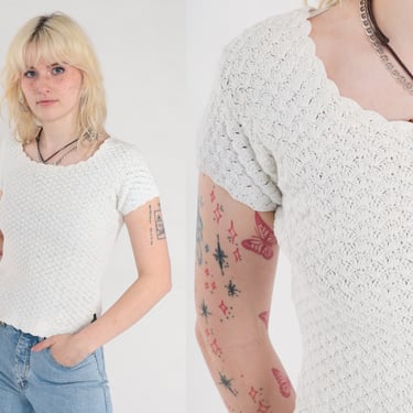 White Crochet Top 90s Knit Shirt Retro Short Sleeve Open Weave T-Shirt Hippie Summer Blouse Simple Basic Baby Tee Vintage 1990s Cotton XS 