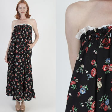 Strapless Cottagecore Floral Print Maxi Dress, Long Prairie Eyelet Sundress, Vintage 70s One Pocket Porch Dress 