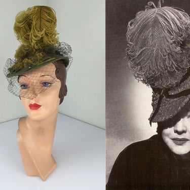 Half Hidden in Mystery - Vintage 1940s Pickle Green Wool Felt Topper Tilt Hat w/Feathers Veil 