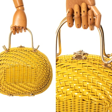 Vintage 1960s Box Purse | 60s Yellow Woven Wicker Oval Round Handbag with Floral Printed Lining 