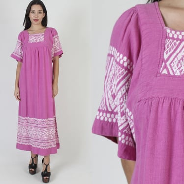 Pink Guatemalan Aztec Print Embroidered Maxi Dress 