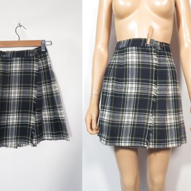 Vintage 70s/80s Plaid Pleated School Girl Mini Wrap Skirt Size 22 Waist 