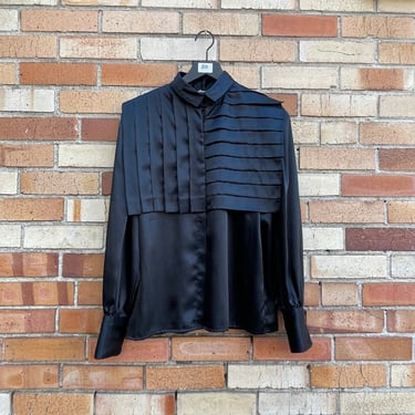 vintage 80s black statement collar geometric blouse / s m small medium 