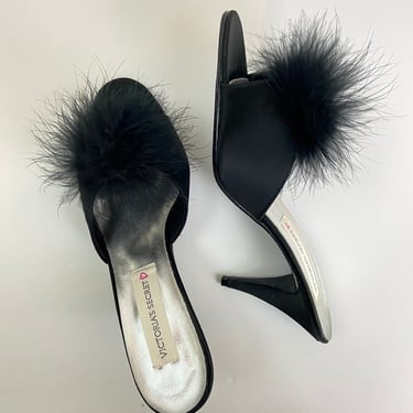 90s Victoria's Secret Marabou Heels/ Black Satin Shoes / Feather Heels / 