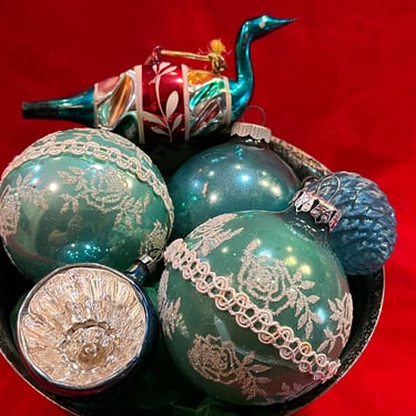 vintage Christmas ornaments 1950s turquoise primitive mercury glass balls 