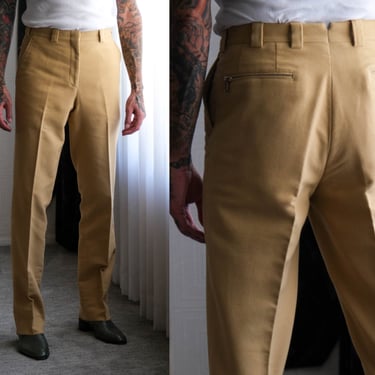 J.L. POWELL Light Goldenrod Moleskin High Waisted Slacks w/ Leather Pull Tab Zip Pockets | Made in USA | 1970s Style Designer Mens Pants 