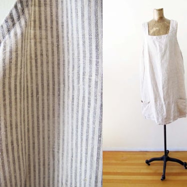 Vintage 90s Striped Linen Dress M L - Beige Gray Stripe Pinafore Dress - Natural Fiber Square Neck Pocket Sundress 
