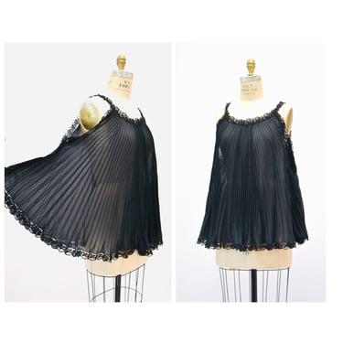 60s 70s Vintage Black Sheer Babydoll Pleated Nightgown Lingerie by Parisian Maid// Black Sheer Lingerie Night gown Black Honeymoon Maternity 