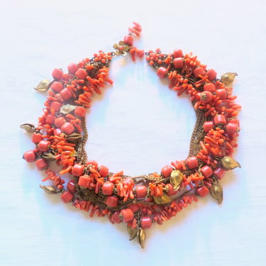 Miriam Haskell Red Glass Beaded Coral with Hanging Gold Leaves and Chains Multi Strand Choker Necklace 