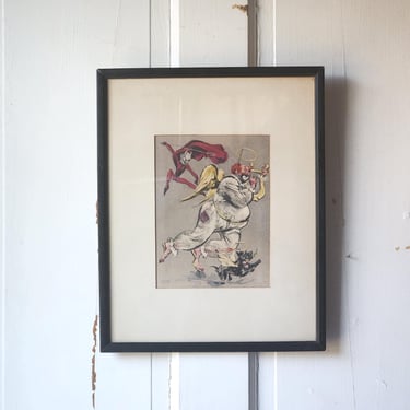 Cydney Grossman vintage clown art print MCM framed wall art angel devil theme 