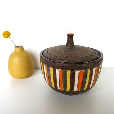 Aldo Londi For Bitossi Striped Lidded Bowl From Italy, Mid Century Modern Covered Pottery Vessel By Rosenthal Netter 