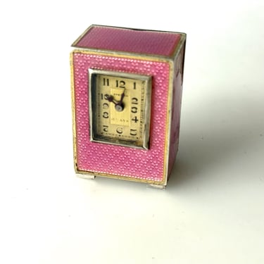 Antique Eterna Pink Guilloche and Silver Miniature Clock 