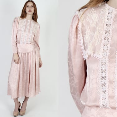Jessica McClintock Pink Silky Dress / 1980s Victorian Style Blush Dress / Vintage 1980s Deco Party Maxi Dress 