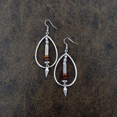 Teardrop hoop earrings, ethnic earrings, mid century modern earrings, bold statement earrings, bohemian boho chic earrings, silver and agate 