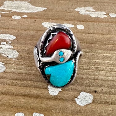 EFFIE CALAVASA Vintage 70s Snake Ring | 1970s Sterling Silver Turquoise and Coral | 60s Zuni Southwestern Native American Jewelry | Size 10 