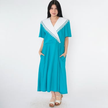 80s Turquoise Midi Dress V Neck Blue Wrap Dress Short Sleeve High Waisted Midi White Lace Collar Secretary Dress 1980s Vintage Large L 