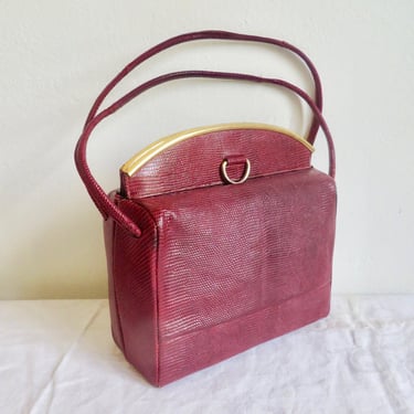 1950's Red Snakeskin Leather Structured Box Purse Top Handle Gold Metal Clasp Hardware 50's Handbags Retro Rockabilly 