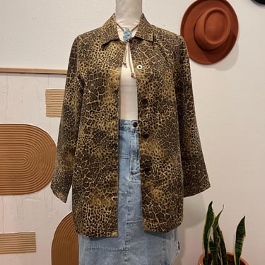 Chico's 90s Vintage Brown Animal Print Long Button Front Shacket House Coat 