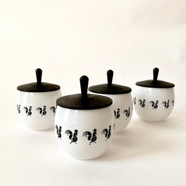 Vintage Condiment Containers - White Glasses - Roosters - Set of Four Jars - Black and White Kitchen 