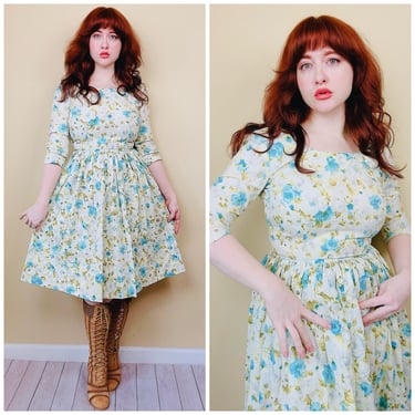 1960s Vintage Mr. Mike Blue Rose Print Dress / 60s / Sixties Garden Cotton Fit and Flare Day Dress / Size Medium 