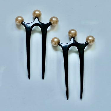 Auguste Bonaz Matched Pair Art Deco Faux Pearl Celluloid Hair Combs Signed 
