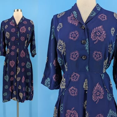 Vintage Forties XL Leaf Print 3/4 Sleeve Rayon Shirtwaist Dress - 40s XL Rayon Print Knee Length Dress 