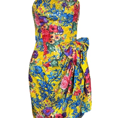 80s Bellville Sassoon Yellow Floral Silk &amp; Sequined Cocktail Dress