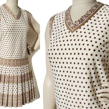 Vintage 60s Sleeveless Dress Polka Dots & Border Print S / M 