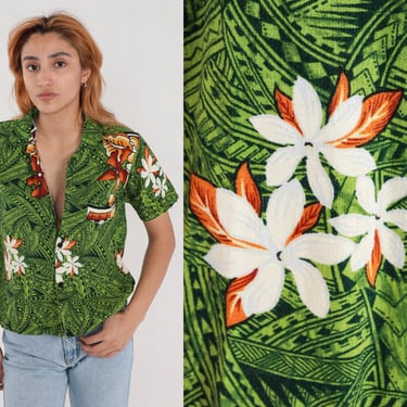Tropical Floral Shirt Green Hawaiian Blouse Button Up 80s Vintage Surfer Vacation Short Sleeve Barkcloth Leaf Print Retro Top Small 