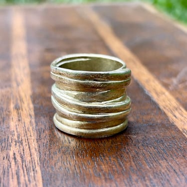 Stacked Wire Wrap Ring Wide Band Signed 14k Gold Plate Signed KC Brutalist Modern Modernist Hand Forged 