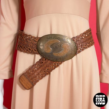 Iconic Boho Vintage 70s Brown Braided Leather & Brass Paisley Buckle Statement Belt 