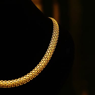 Vintage Peru 14k Yellow Gold Mesh Link Necklace, 7mm Flat Articulate Chain, 585 Jewelry, 17&amp;quot; Long 