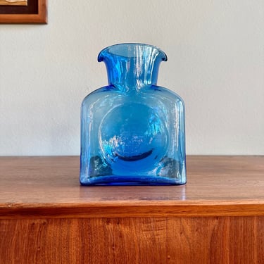 Vintage Blenko water bottle #384 in turquoise blue / blown glass double spout pitcher or vase 