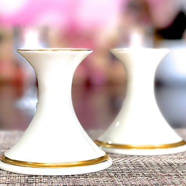 VINTAGE: 2pcs - Lenox Eternal Candlestick - Hand Decorated 24 K Gold Ivory Porcelain - Holidays Wedding Gold Rings Unbroken Eternal Bond 