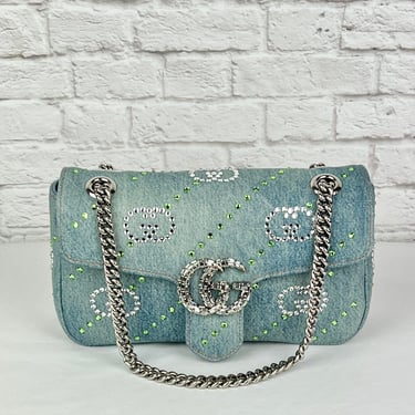 GUCCI GG Marmont Denim Swing & Strass Crystal Shoulder Bag, New W/ Tags, Lt. Blue