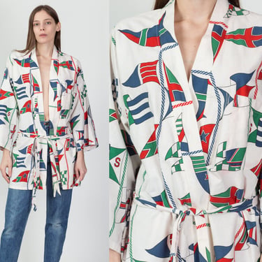 90s Bill Blass Nautical Flag Smoking Jacket - One Size | Vintage All Over Sailing Print Short Belted Wrap Kimono Jacket 