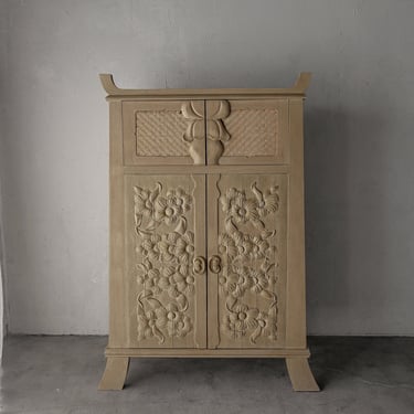 Vintage Hand Carved Wood Floral Relief Armoire Cabinet 